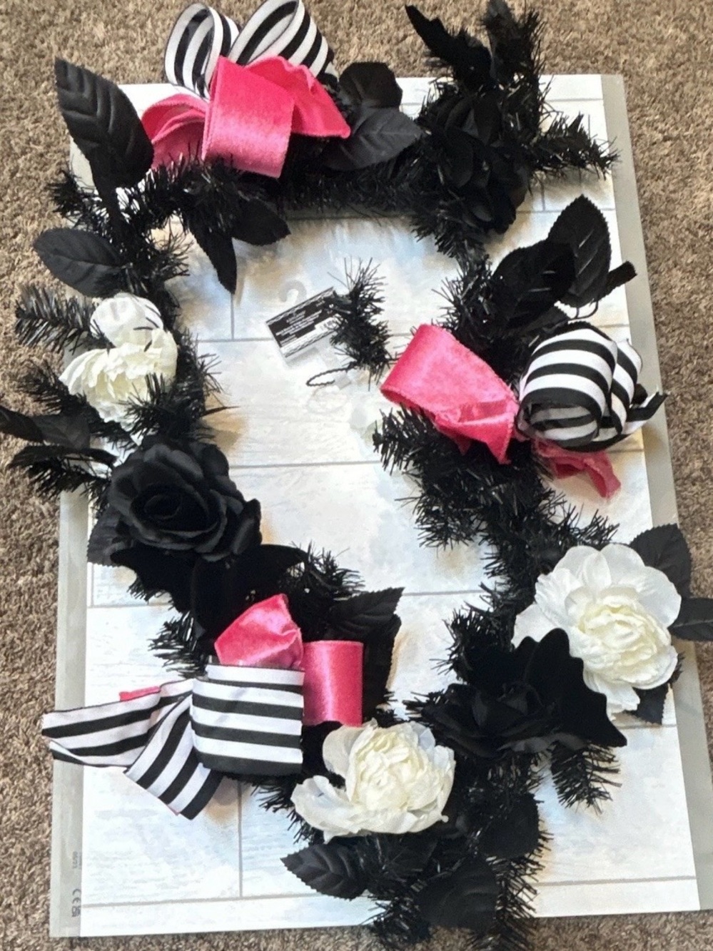 New 6 ft Ashland Artificial Halloween Black Rose White Peony Garland-Velvet Bats